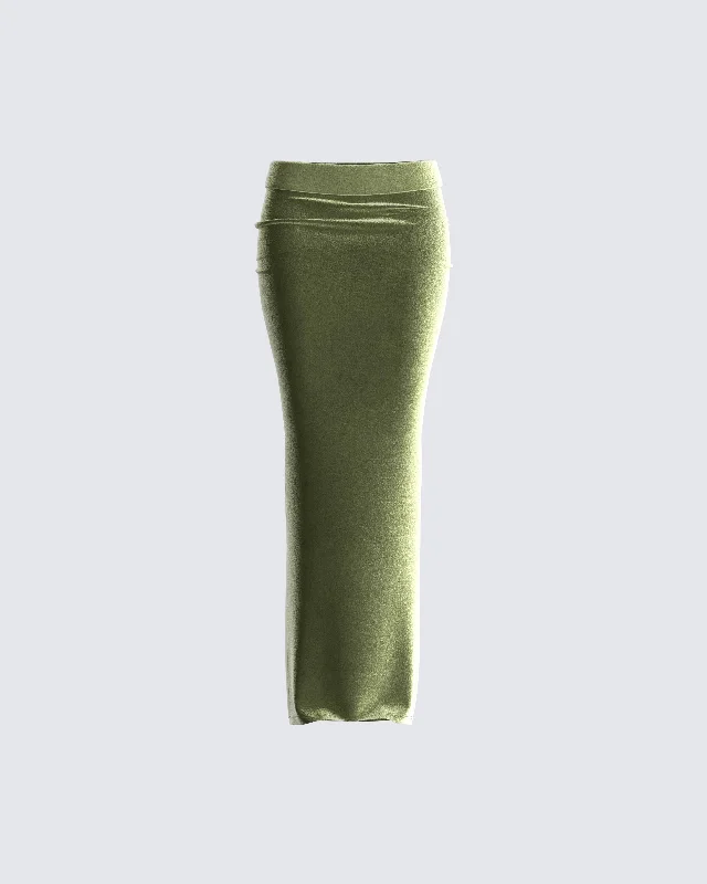 Skirts for festive casual wear -Ayla Olive Green Velvet Maxi Skirt