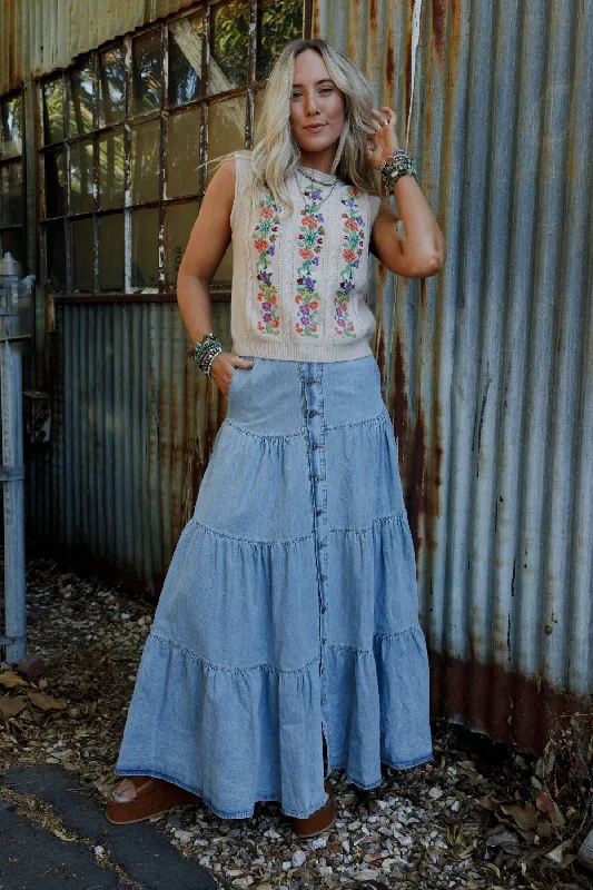 Skirts for casual brunch outfits -Country Mart Tiered Maxi Skirt - Denim