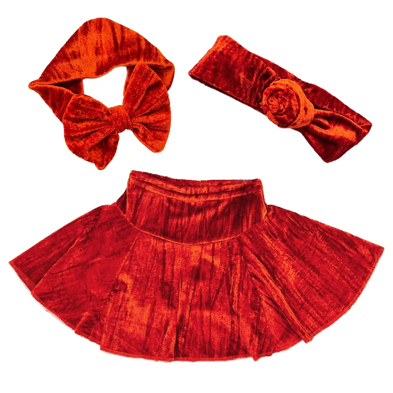 Skirts for casual tropical outings -Rust Crushed Velvet Skater Skirt