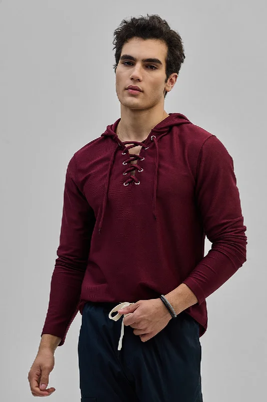 Hoodie for stylish casual hoodie moments -Hoodie for hoodie for casual chic look -Maroon Lace-Up Textured Hoodie