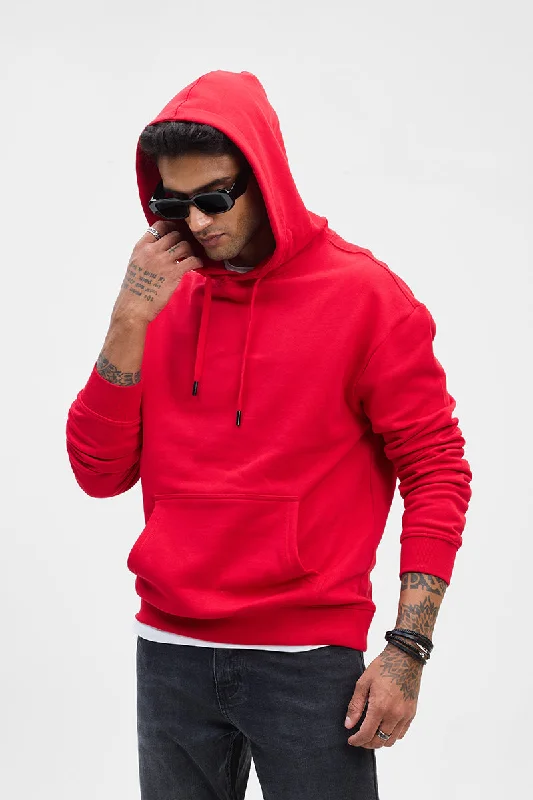 Hoodie for comfortable casual fall wear -Hoodie for eco-friendly clothing -Red Solid Relaxed Fit Hoodies