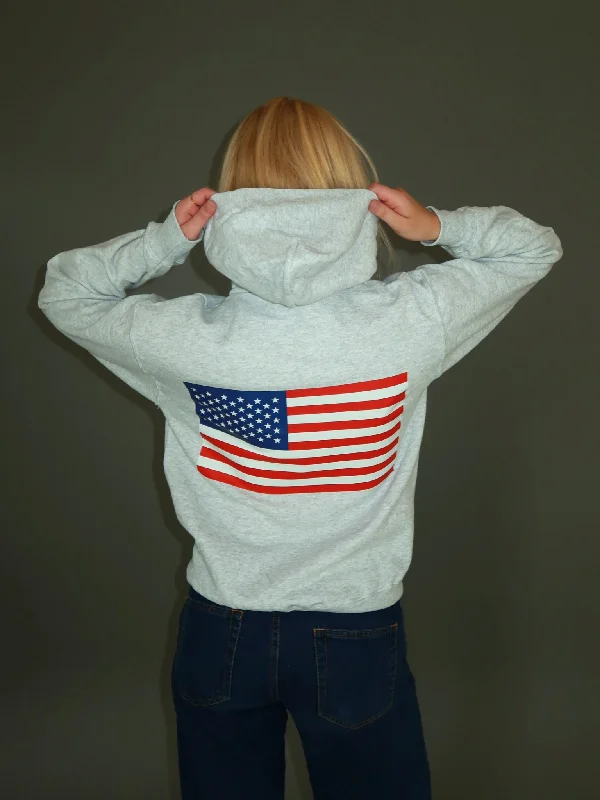 Hoodie for relaxed street style -Hoodie for warm hoodie for women -US FLAG HOODIE (rygprint) - GRÅ