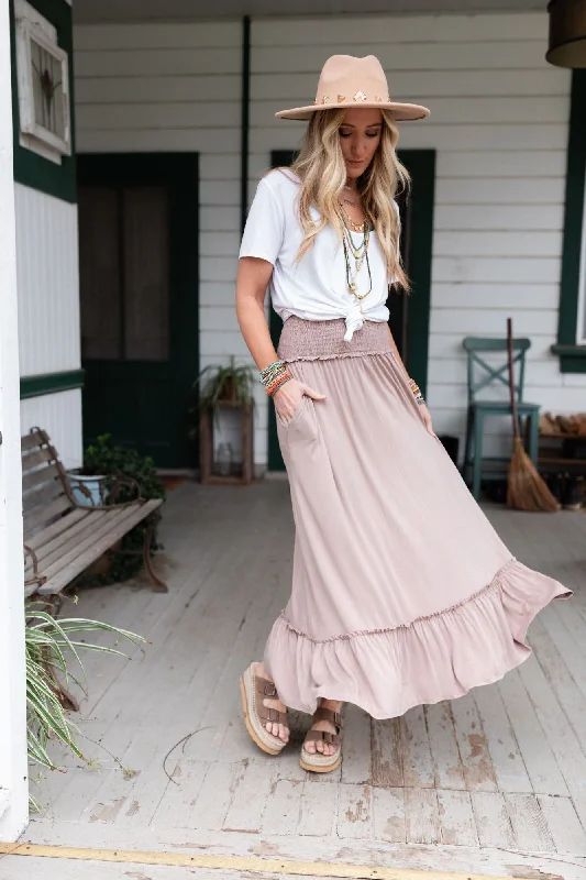 Skirts for comfortable chic -The Nest Rustic Romance Smocked Maxi Skirt - Dark Mocha