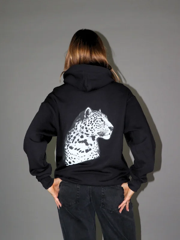 Hoodie for stylish and cozy hoodie wear -Hoodie for embroidered hoodie -BLACK LEOPARD HOODIE (rygprint) - SORT