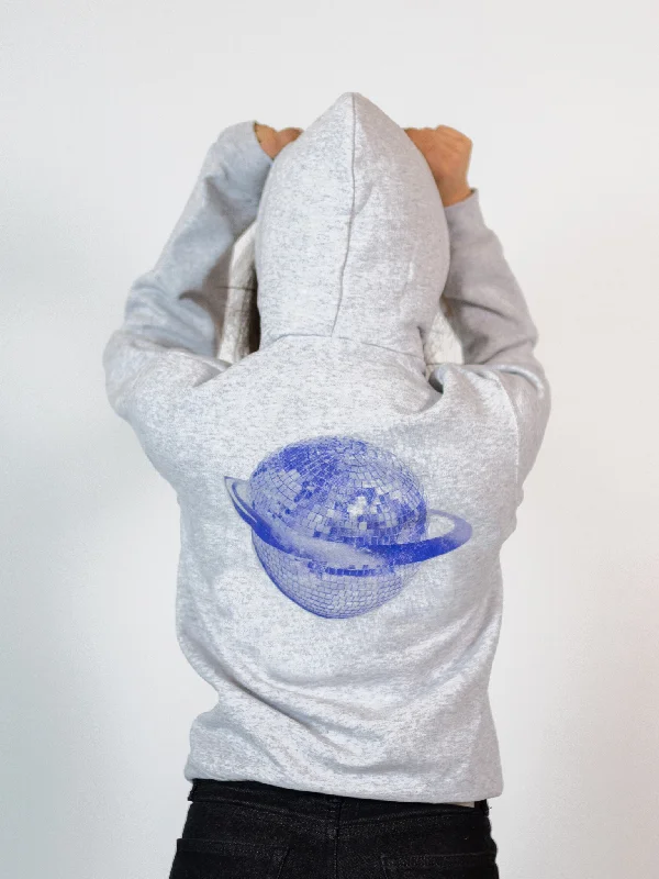 Hoodie for cozy and stylish outdoor wear -Hoodie for comfy oversized wear -PLANET DISCO (blå) HOODIE (rygprint) - GRÅ