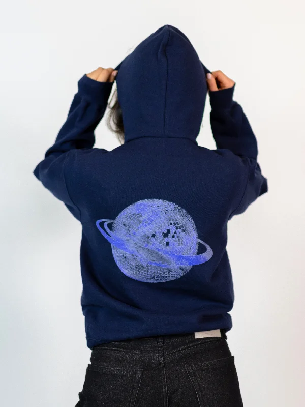 Hoodie for stylish cold-weather athleisure -Hoodie for cool hoodie fashion -PLANET DISCO (blå) HOODIE (rygprint) - NAVY