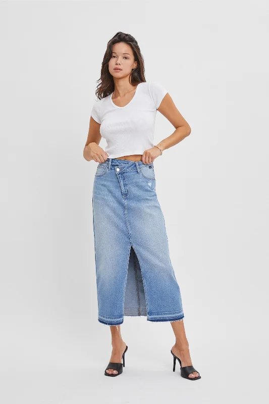 Skirts for fun weekend road trips -Light Denim High Rise Midi Skirt