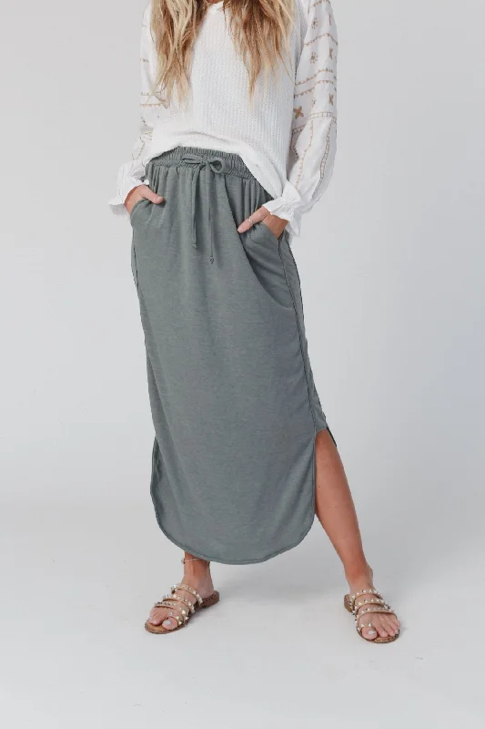 Skirts for pleated skirts -The Nest So Comfy Drawstring Maxi Skirt - Light Olive