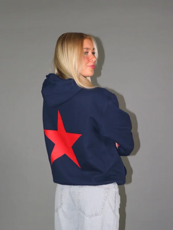 Hoodie for sporty and cozy fall fashion -Hoodie for hoodie for work from home outfits -RED STAR HOODIE (rygprint) - NAVY