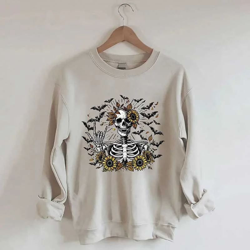 Sweatshirt for cool weather adventures -Sweatshirts for friends matching looks -Spooky Skeleton Sunflowers Sweatshirt