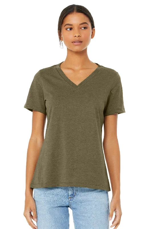 solid plain t-shirts -Bella + Canvas Womens CVC Short Sleeve V-Neck T-Shirt - Heather Olive Green