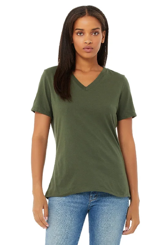 festival plain t-shirts -Bella + Canvas Womens Relaxed Jersey Short Sleeve V-Neck T-Shirt - Military Green