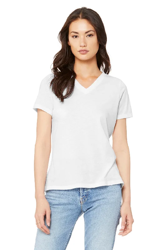 solid printed t-shirts -Bella + Canvas Womens Short Sleeve V-Neck T-Shirt - Solid White