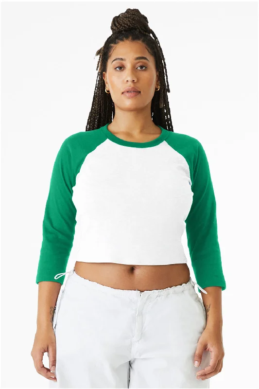 workout tank t-shirts -Bella + Canvas Womens Micro Ribbed Raglan 3/4 Sleeve Crewneck Baby T-Shirt - White/Kelly Green