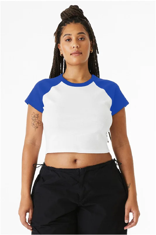 white t-shirts classic -Bella + Canvas Womens Micro Ribbed Raglan Short Sleeve Crewneck Baby T-Shirt - White/True Royal Blue