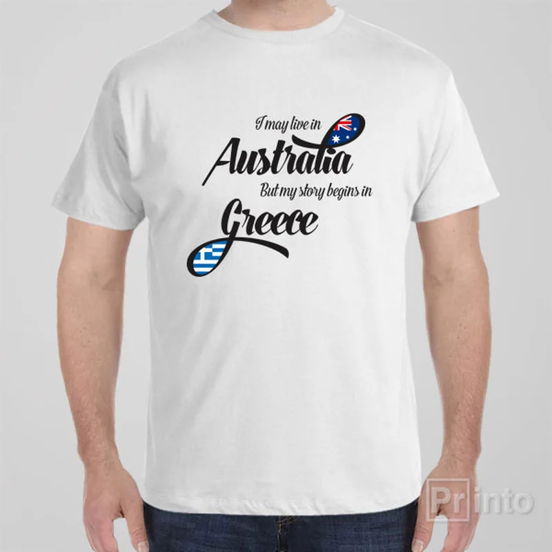 black cotton t-shirts -I may live in Australia but my story begins in Greece - T-shirt