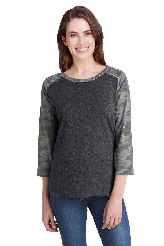 pocket graphic t-shirts -LAT Womens Fine Jersey 3/4 Sleeve Crewneck T-Shirt - Vintage Smoke Grey/Camo