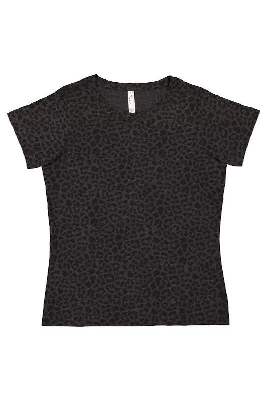 animal cotton t-shirts -LAT Womens Fine Jersey Short Sleeve Crewneck T-Shirt - Black Leopard