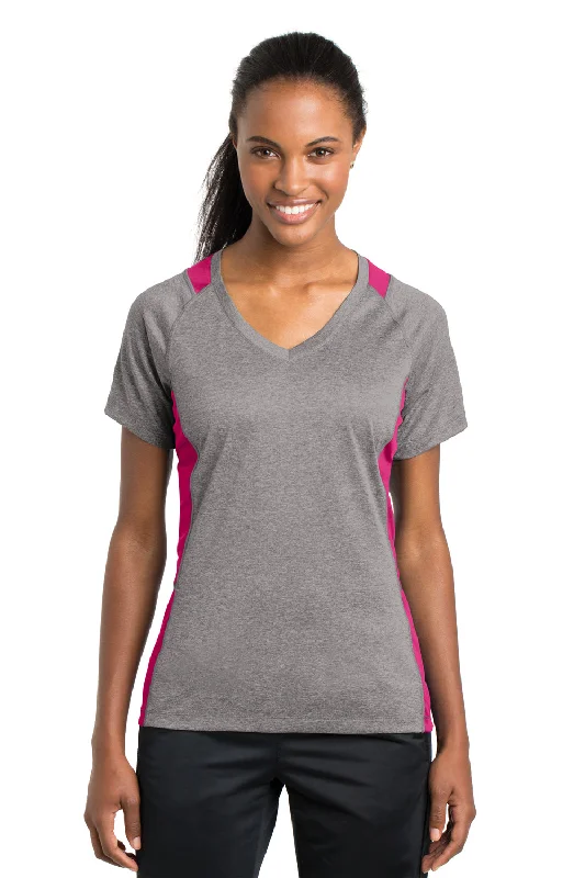 muscle long sleeve t-shirts -Sport-Tek Womens Contender Heather Moisture Wicking Short Sleeve V-Neck T-Shirt - Heather Vintage Grey/Raspberry Pink - Closeout