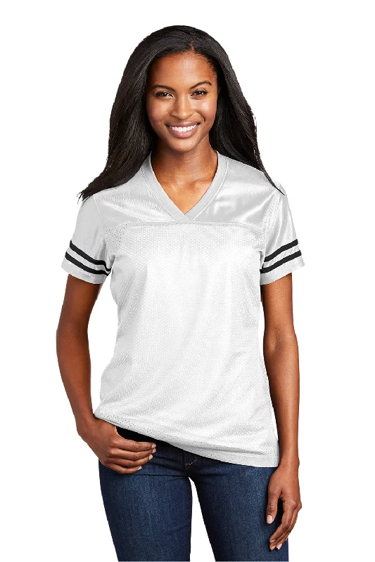 organic cotton t-shirts -Sport-Tek Womens Short Sleeve V-Neck T-Shirt - White/Black