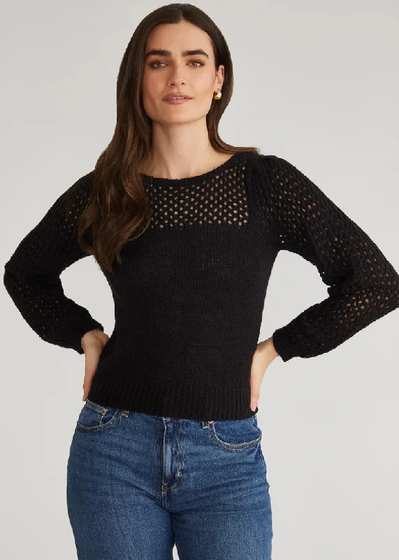 pullover sweater modern knitwear -Cardigan for easy styling -525 Brigid Puff Sleeve Mesh Pullover- Black