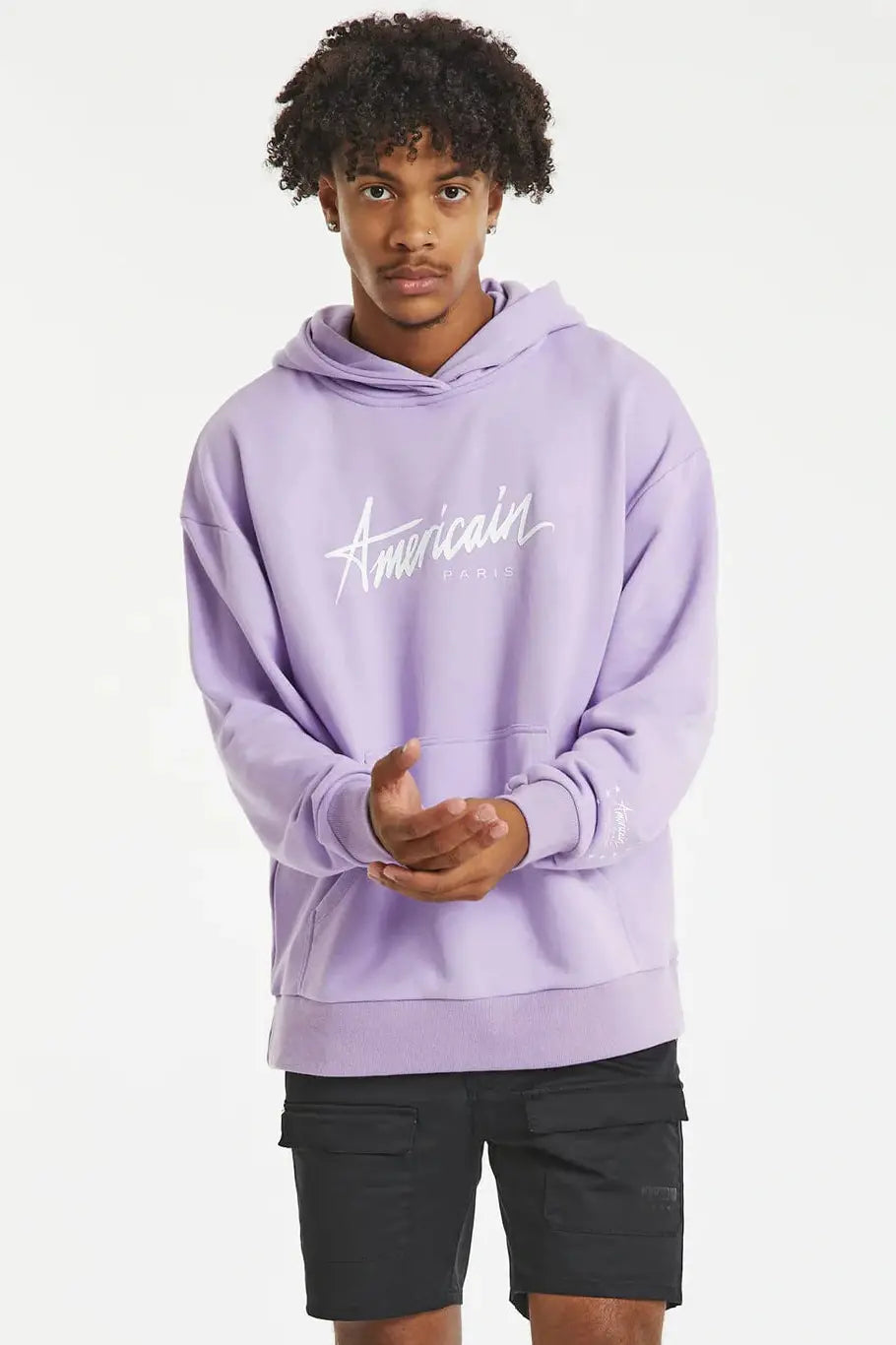 pullover sweater trendy layers -Cardigan for subtle layering -Americain heartless relaxed hooded sweater - lilac