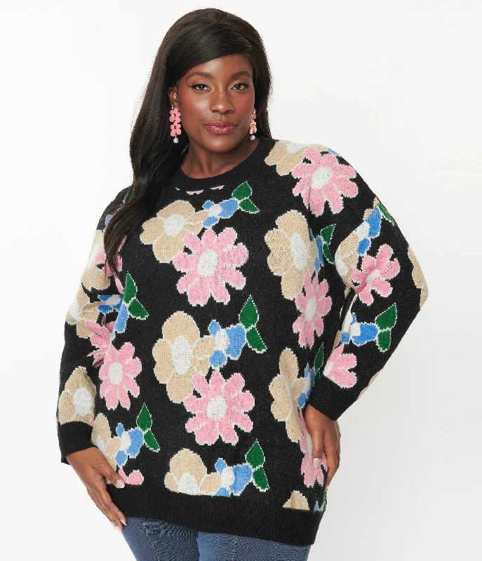 pullover sweater casual chic -Jacket for casual yet trendy style -Black Floral Pullover Sweater