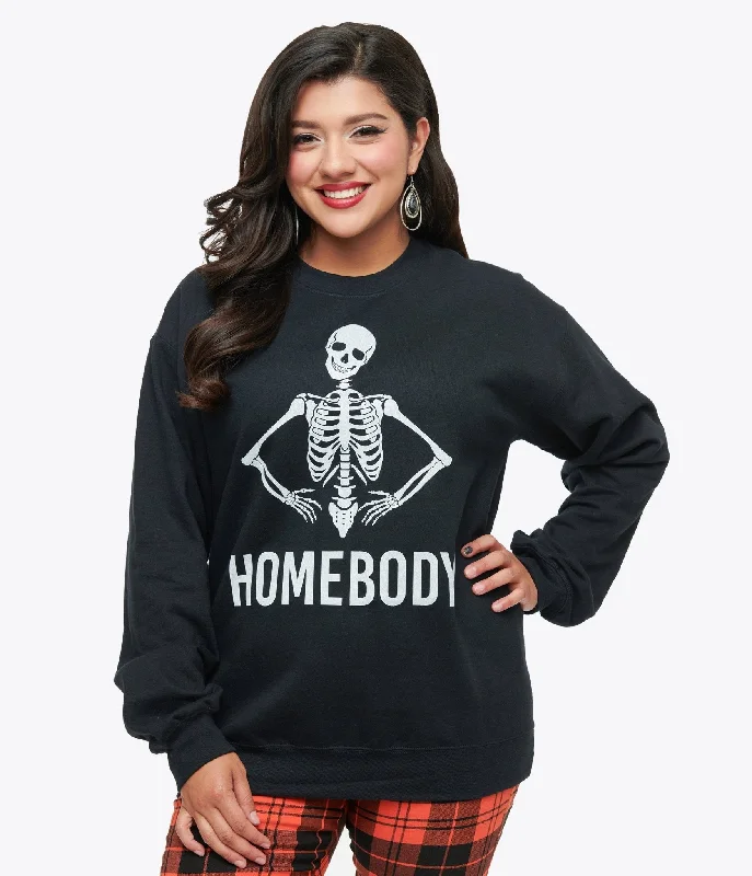 pullover sweater soft layers -Jacket for fashionable nights out -Black Homebody Skeleton Crewneck Sweater