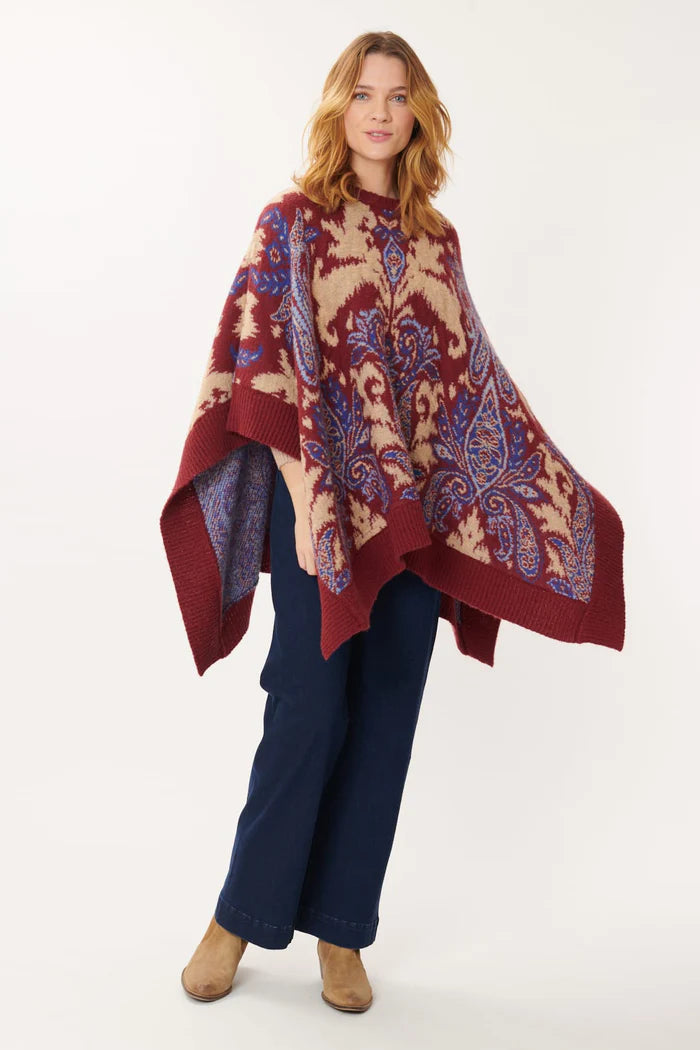 pullover sweater paisley trim -Cardigan for trendy knit fashion -Jazz Paisley Poncho/sweater  -Burgundy