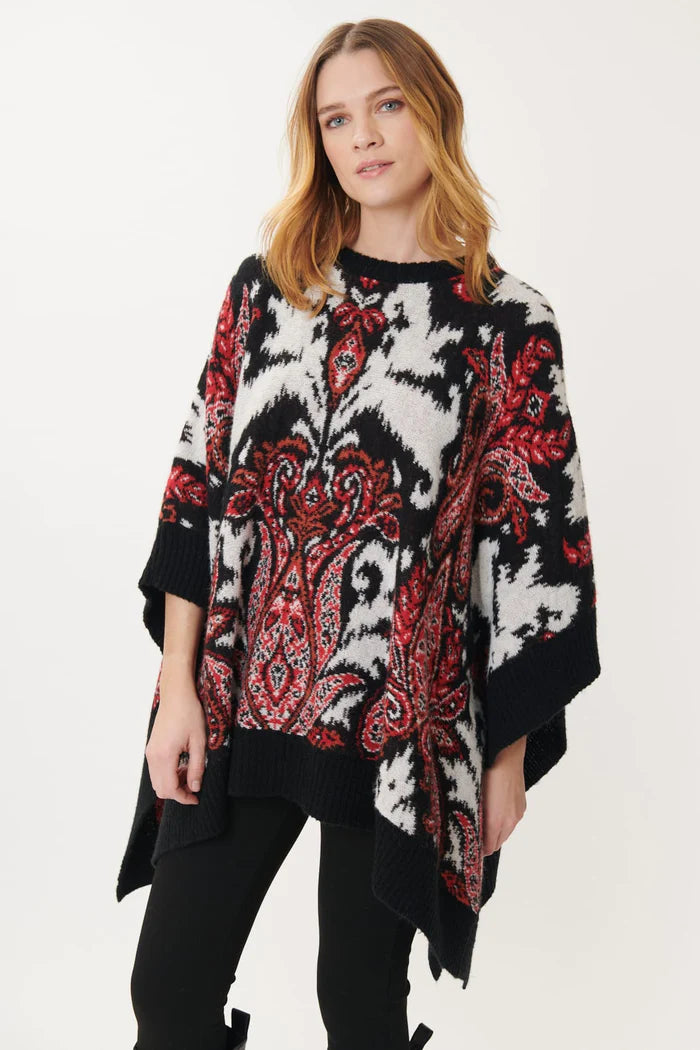 pullover sweater sequin trim -Cardigan for fashionable nights out -Jazz Paisley Poncho/Sweater  - Black