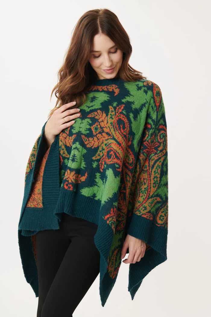 pullover sweater crisp days -Cardigan for trendy but cozy styles -Jazz Paisley Poncho/Sweaters  - Teal