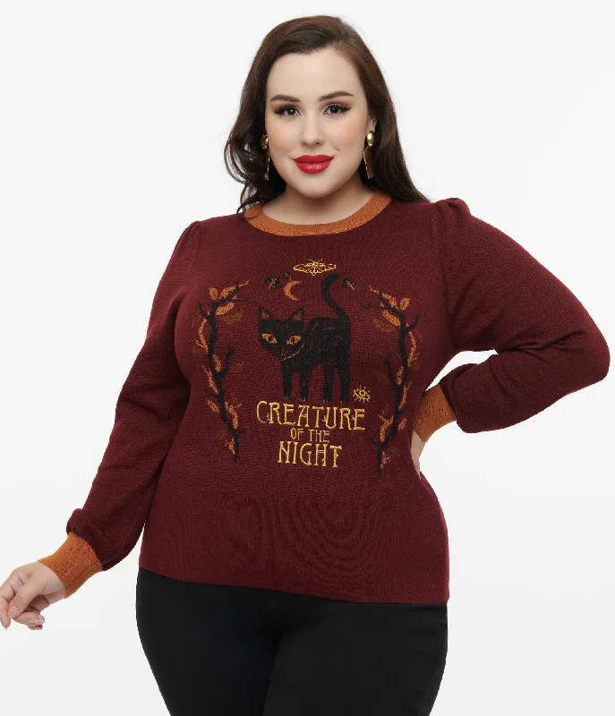 pullover sweater cozy texture -Jacket for fashionable getaways -Disney Hocus Pocus Collection by Unique Vintage Plus Size Burgundy Binx Hocus Pocus Embroidered Sweater