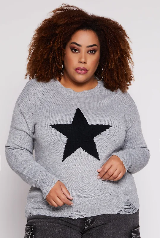 pullover sweater with jeans -Jacket for fashion -Plus Size Star Distressed Sweater