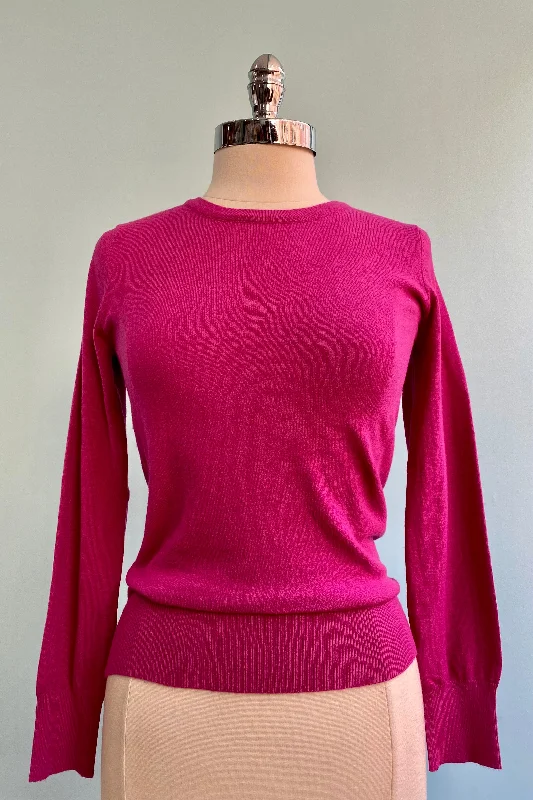 pullover sweater crisp evenings -Cardigan for trendy office wear -Magenta Long Sleeve Knit Pullover Sweater