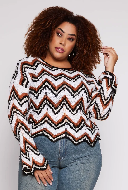 pullover sweater soft texture -Cardigan for layered fashion -Plus Size Chevron Crochet Crew Neck Sweater