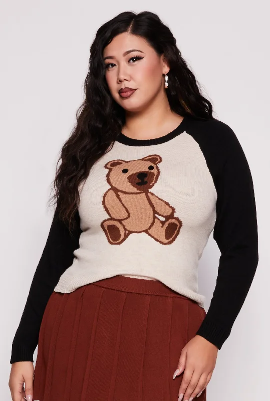 pullover sweater trendy warmth -Cardigan for minimalistic fashion -Plus Size Teddy Bear Raglan Sweater