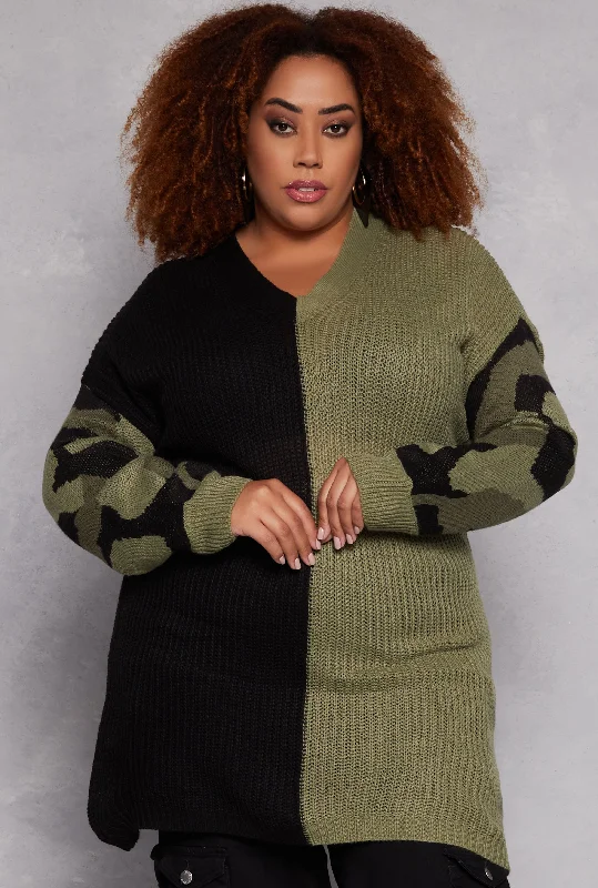 pullover sweater trendy knit -Cardigan for stylish winter vacations -Plus Size Camo Color Block Sweater