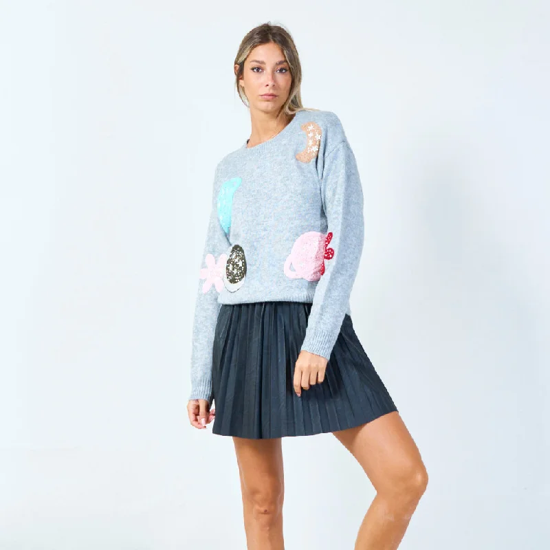 pullover sweater trendy fashion -Cardigan for fashionable looks -Planet and moon applique sweater wholesale