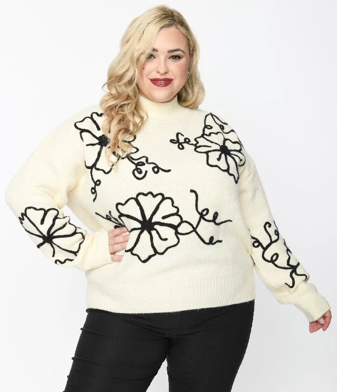 pullover sweater cozy knit -Cardigan for everyday fashion -Plus Size Cream & Black Floral Embroidered Mock Neck Sweater