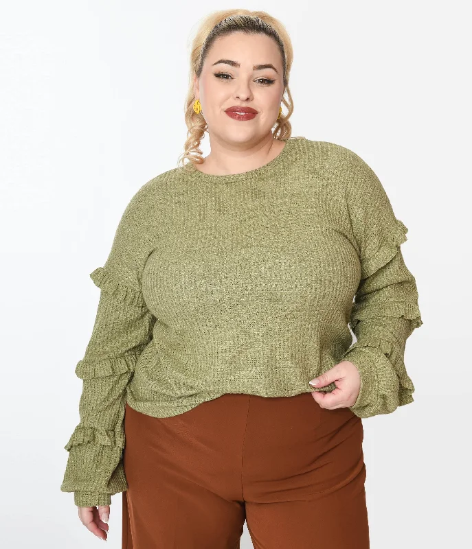 pullover sweater trendy cozy -Cardigan for cozy fashion -Plus Size Olive Green Ruffle Trim Ribbed Pullover Sweater