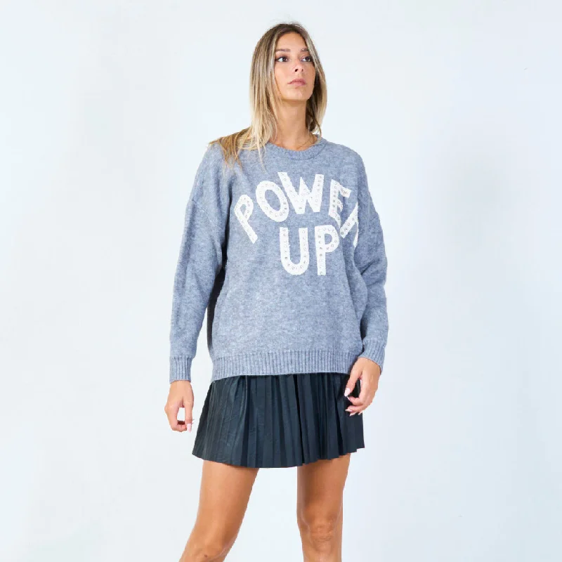 pullover sweater crochet detail -Cardigan for preppy outfits -Power up graphic sweater wholesale