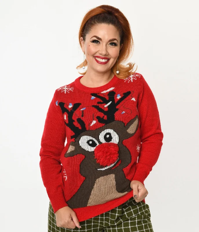 pullover sweater soft fashion -Cardigan for comfy chic wear -Red Rudolph Holiday Sweater