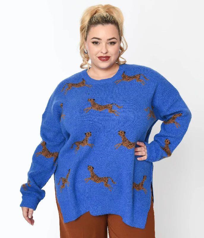 pullover sweater plaid accents -Cardigan for all-season comfort wear -Royal Blue & Cheetah Oversize Sweater