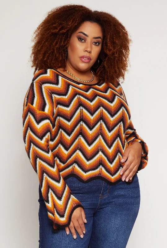 pullover sweater metallic accents -Cardigan for all-season comfort wear -Plus Size Chevron Pattern Sweater