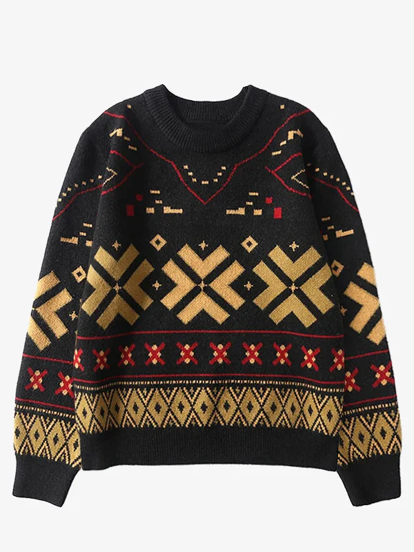 pullover sweater windy days -Jacket for chic and cozy fashion -Ethnic Pattern Jacquard Woven Knitted Sweater