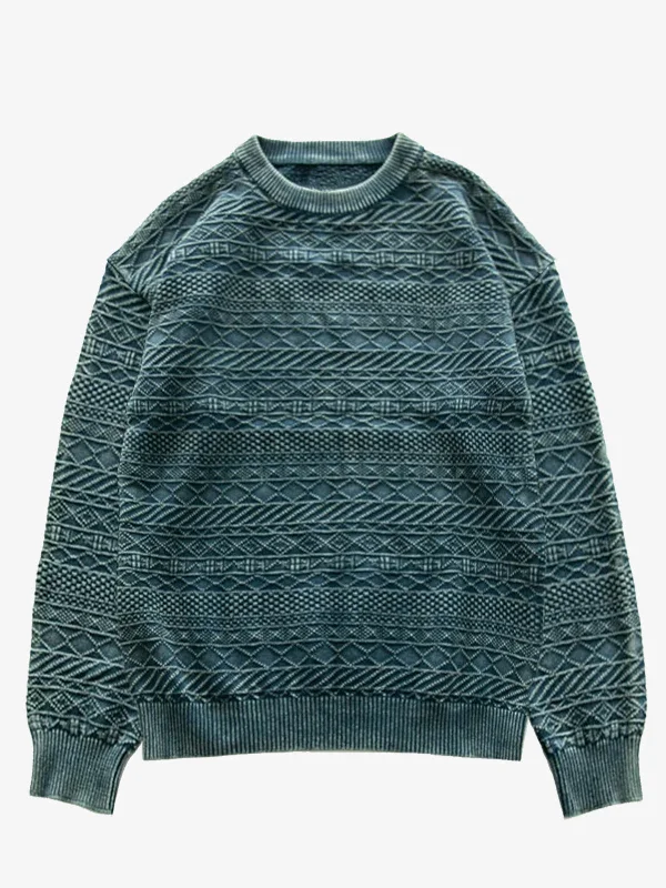 pullover sweater neutral tones -Jacket for fashionable layering -Retro Ethnic-Style Indigo-Dyed Crew-Neck Sweater