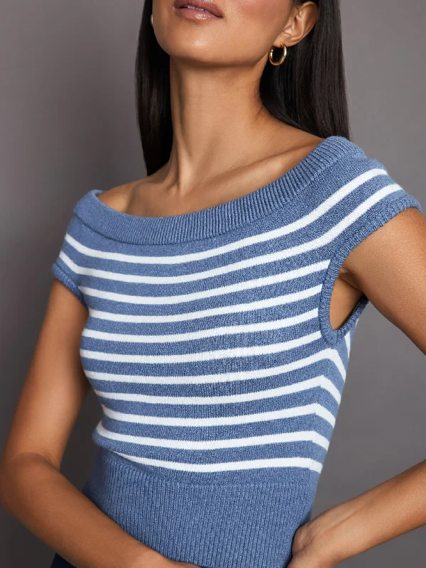 pullover sweater daily outfits -Cardigan for chic office attire -Short Sleeve Sweater - Quiet Harbor/ White Stripe