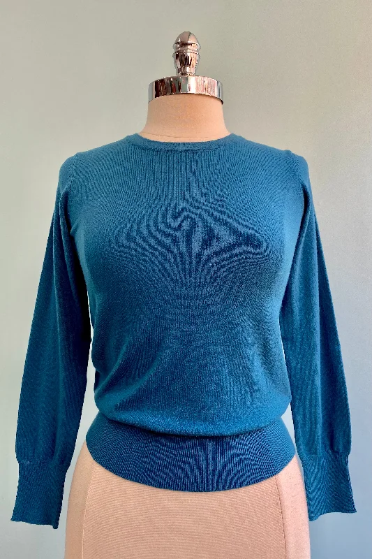 pullover sweater cold mornings -Cardigan for chic holiday wear -Teal Blue Long Sleeve Knit Pullover Sweater