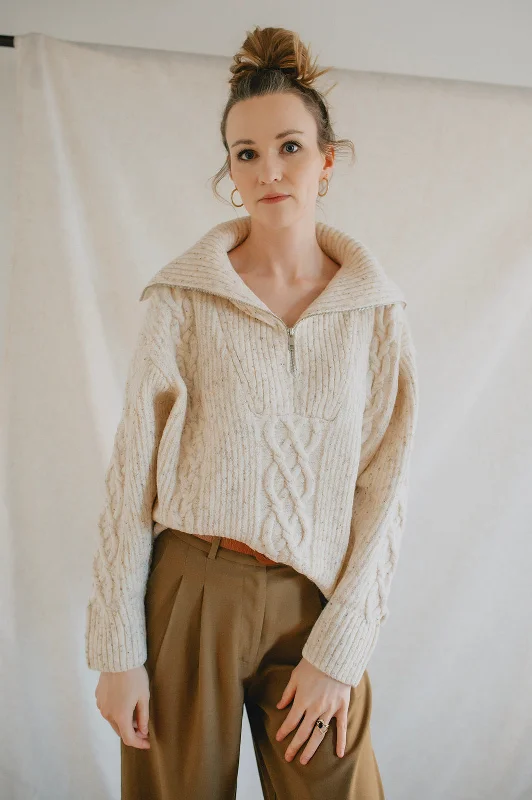 pullover sweater crochet trim -Cardigan for layered comfort -The Olive Fisherman Zip Jumper