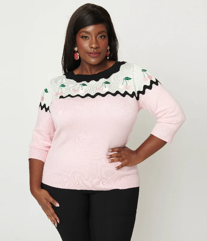 pullover sweater houndstooth trim -Cardigan for layering with dresses -Unique Vintage Plus Size Pink & Black Cherry Sweater